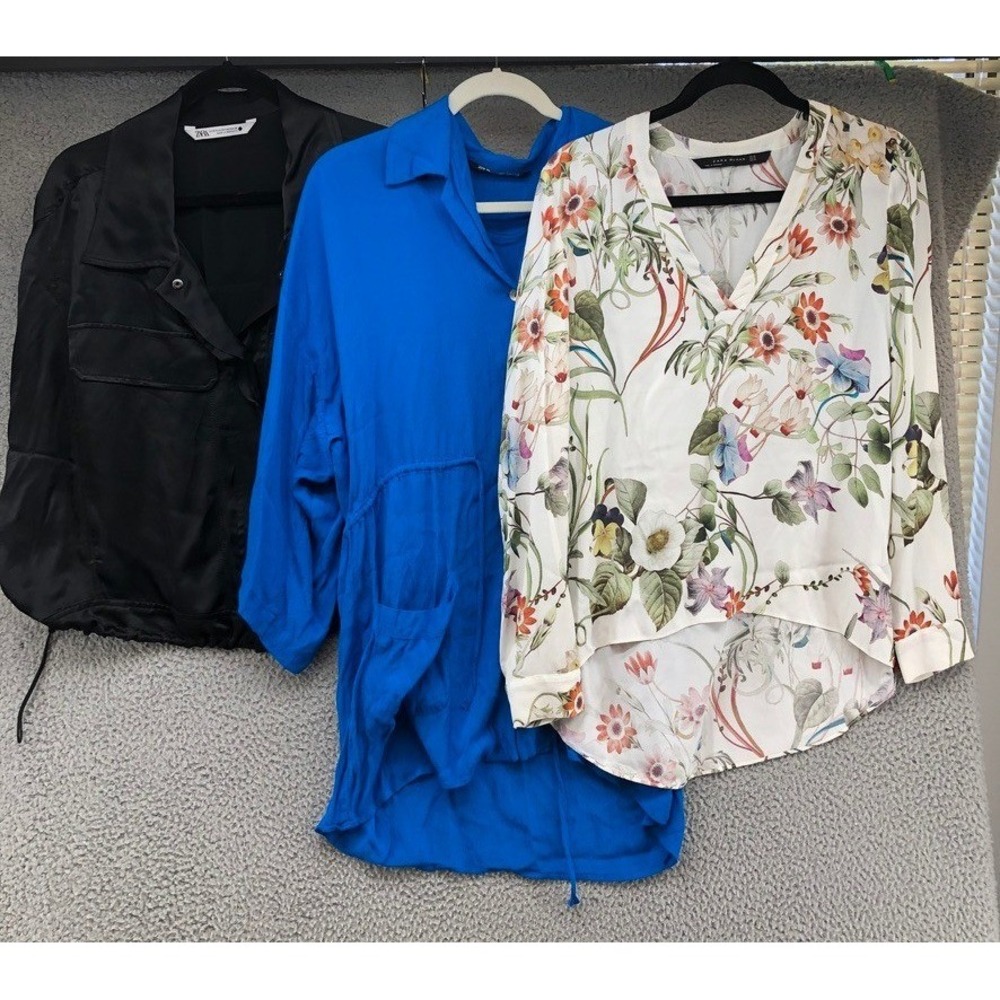 Zara Blouse Lot Women XS S Black Blue Floral Satin High Low 3 Piece Bundle